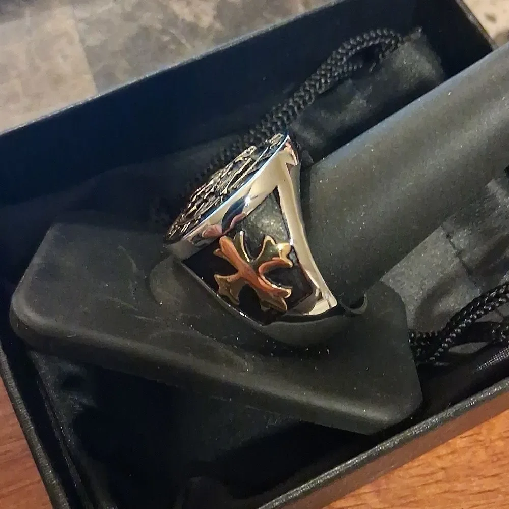Stainless Steel St. Michael Ring - Black and Gold Size 11 Mens New In Box